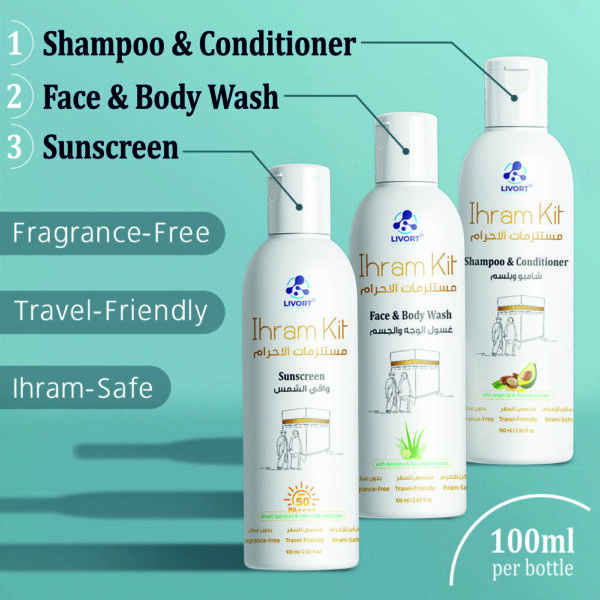Home 2 Hajj & Umrah Kit, fragrance free soap, fragrance freee face wash, fragrance free body wash, fragrance free sunscreen, unscented soap, unscented face wash, unscented body wash, unscented sunscreen, hajj umrah kit, hajj kit, umrah kit. cozmix, livort lifescience llp, livort